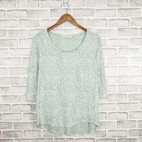 Peruvian Connection Scoop Neck Blouse Green Geo Print size S - Picture 1 of 6